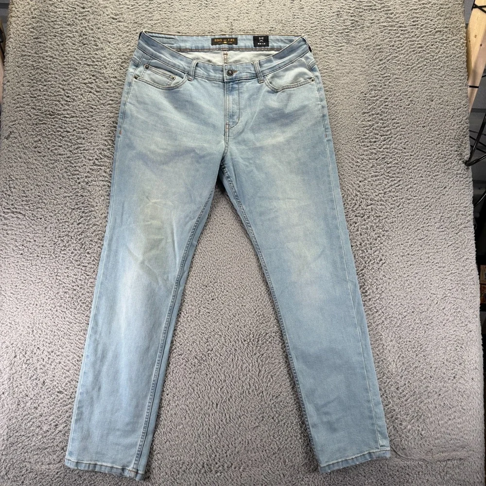 Ring Of Fire Jeans Mens 34x34 Blue Denim Straight Slim Faded Workwear Stretch